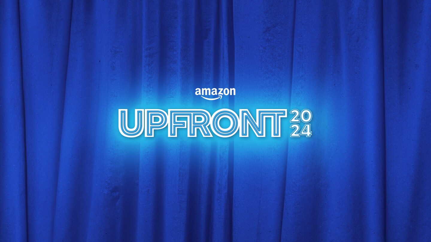 Amazon "upfront 2024" logo displayed on a vibrant blue curtain background.