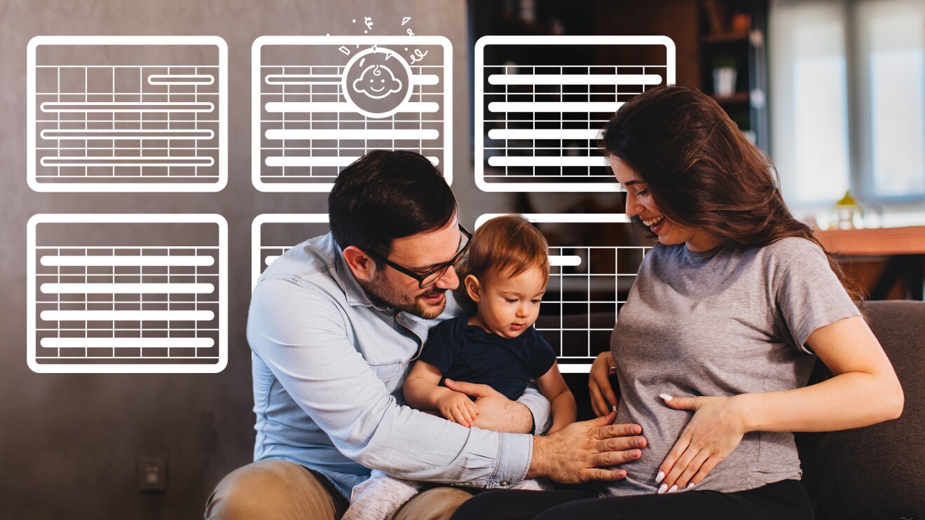 A husband touches his wife's pregnant stomach with a toddler in his lap while an illustration of a calendar is behind them to depict Amazon parental leave benefits. 