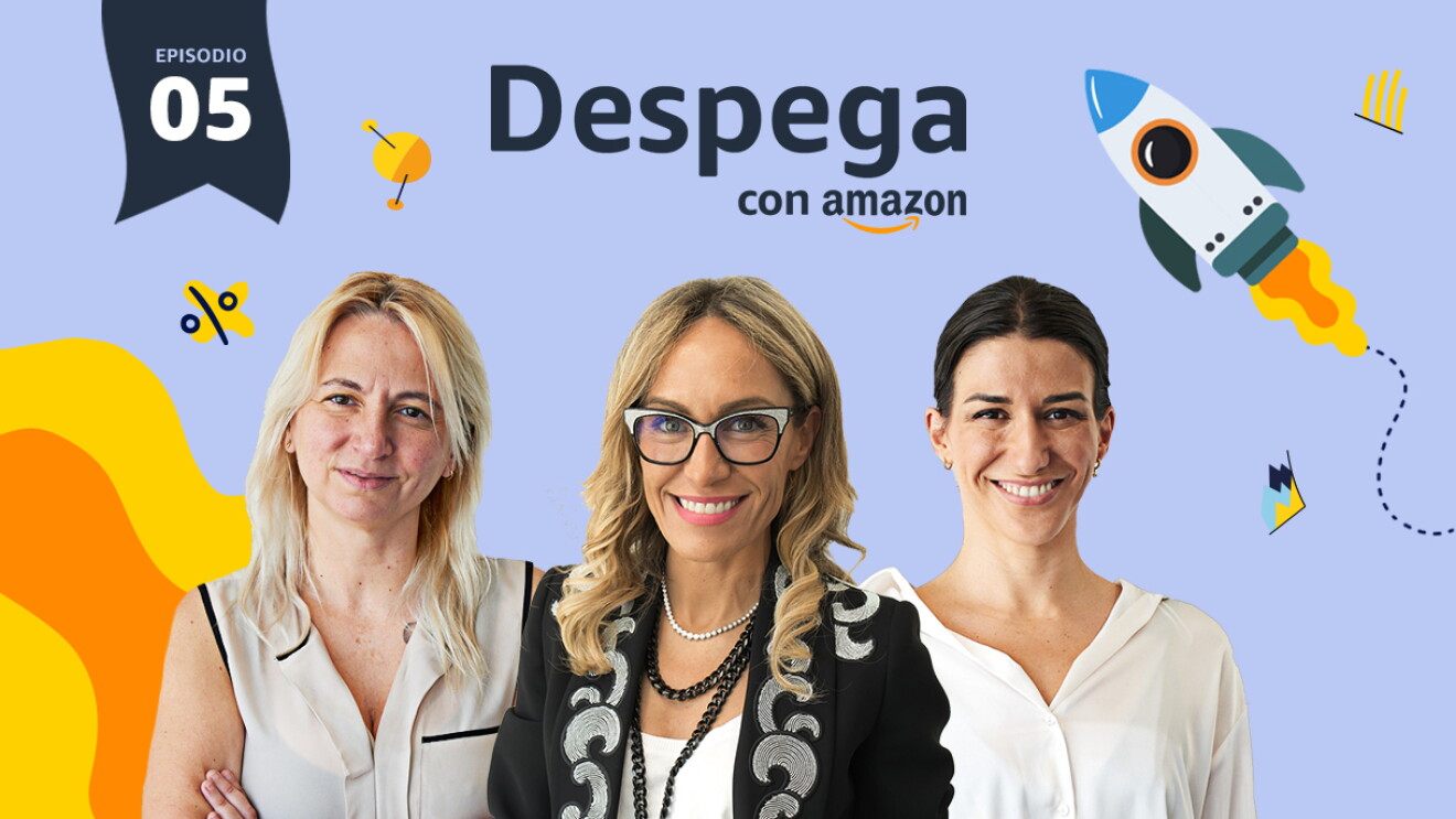 Poster del podcast Despega. En un fondo morado claro aparece una bandera con la letras y números Episodio 03. Después dibujos de un cohete que está despegando, satélites y unas olas de color amarillo y naranja. Además en letras azules Despega con Amazon con la sonrisa debajo de la palabras Amazon. De izquierda a derecha, César Pascual, fundador de Cerveza La Virgen con una camisa  tejana azul y debajo una camiseta blanca de algodón con un dibujo que no se puede descifrar. Lleva gafas y tiene el pelo canozo de punto y una barba con canas. En el medio la presentadora Luján Argüelles con una gafas de color negro y blanco, dos collares de perlas, uno de perlas blancas y el orto de perlas negras. Una americana de color negro con una sanefa de color plateado y un jersei de punto blanco debajo.   A la derecha, María Gómez del Pozuelo, fundadora de Womenalia, con el pelo largo más allá del hombri y de color castaño. Una americana negra y debajo una camiseta blanca de algodón. Con un collar blanco. 