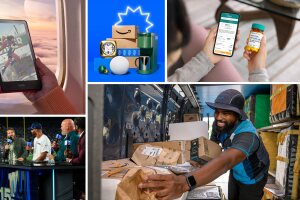 Collage of Amazon services: a color Kindle, Prime Day, Pharmacy, TNF broadcast, delivery employee