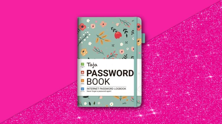 Taja Password Book with colorful floral design against vibrant pink background