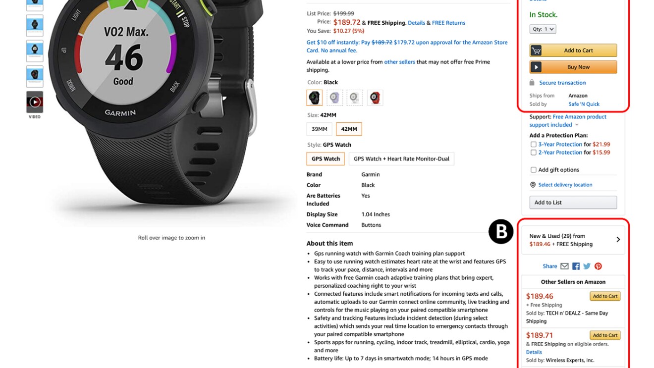 Amazon product page - Garmin device