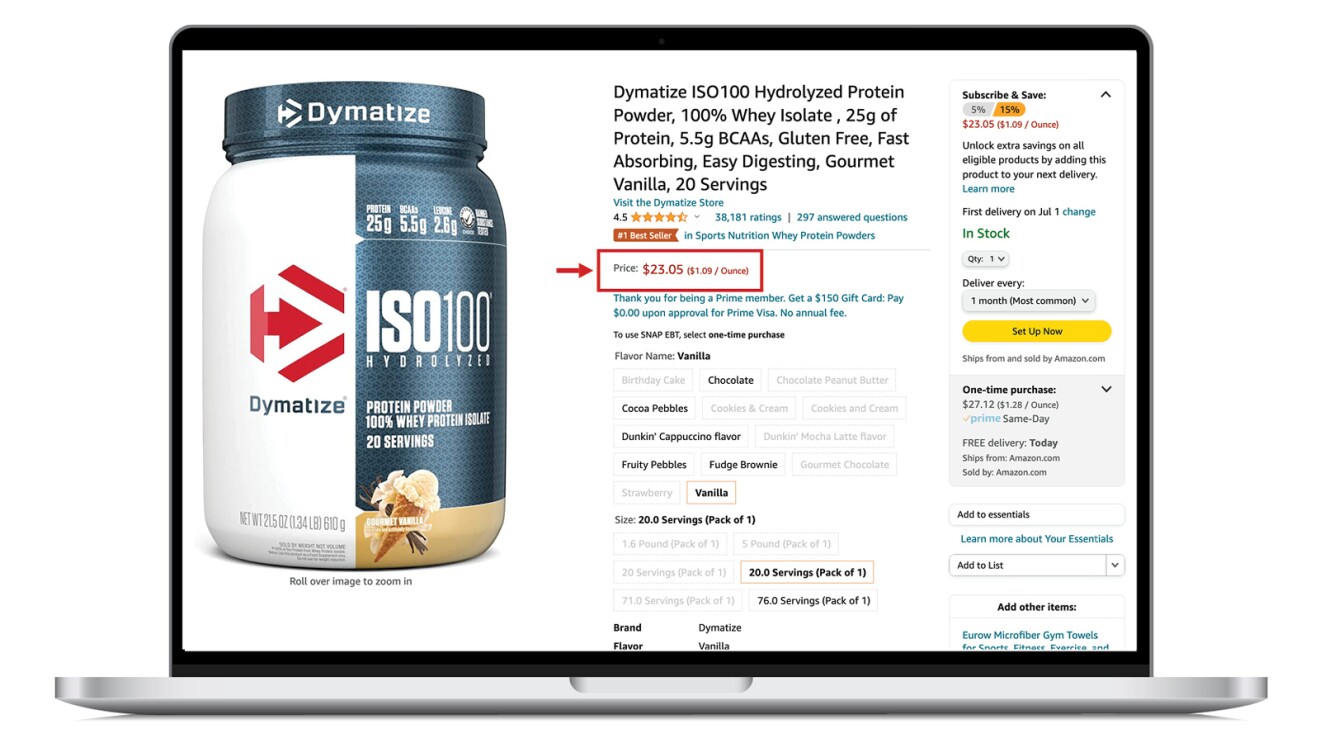 Prime Day 2023 live blog best deals: computer screen displaying where to find the Prime Day price for Dymatize protein powder.