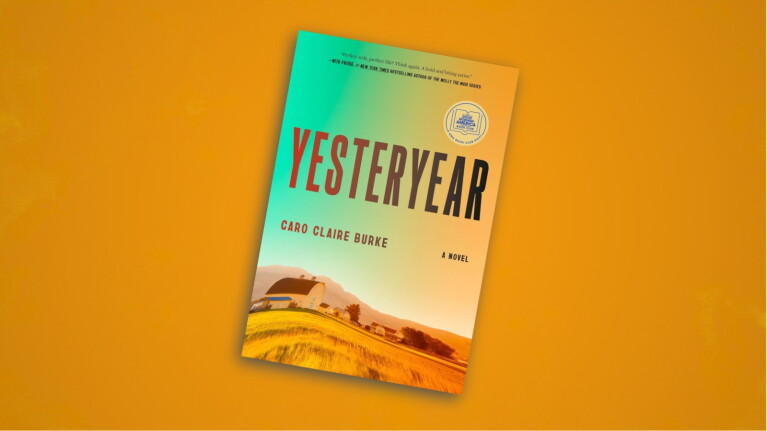 Yesteryear novel by Caro Claire Burke with turquoise and orange gradient cover featuring a desert landscape