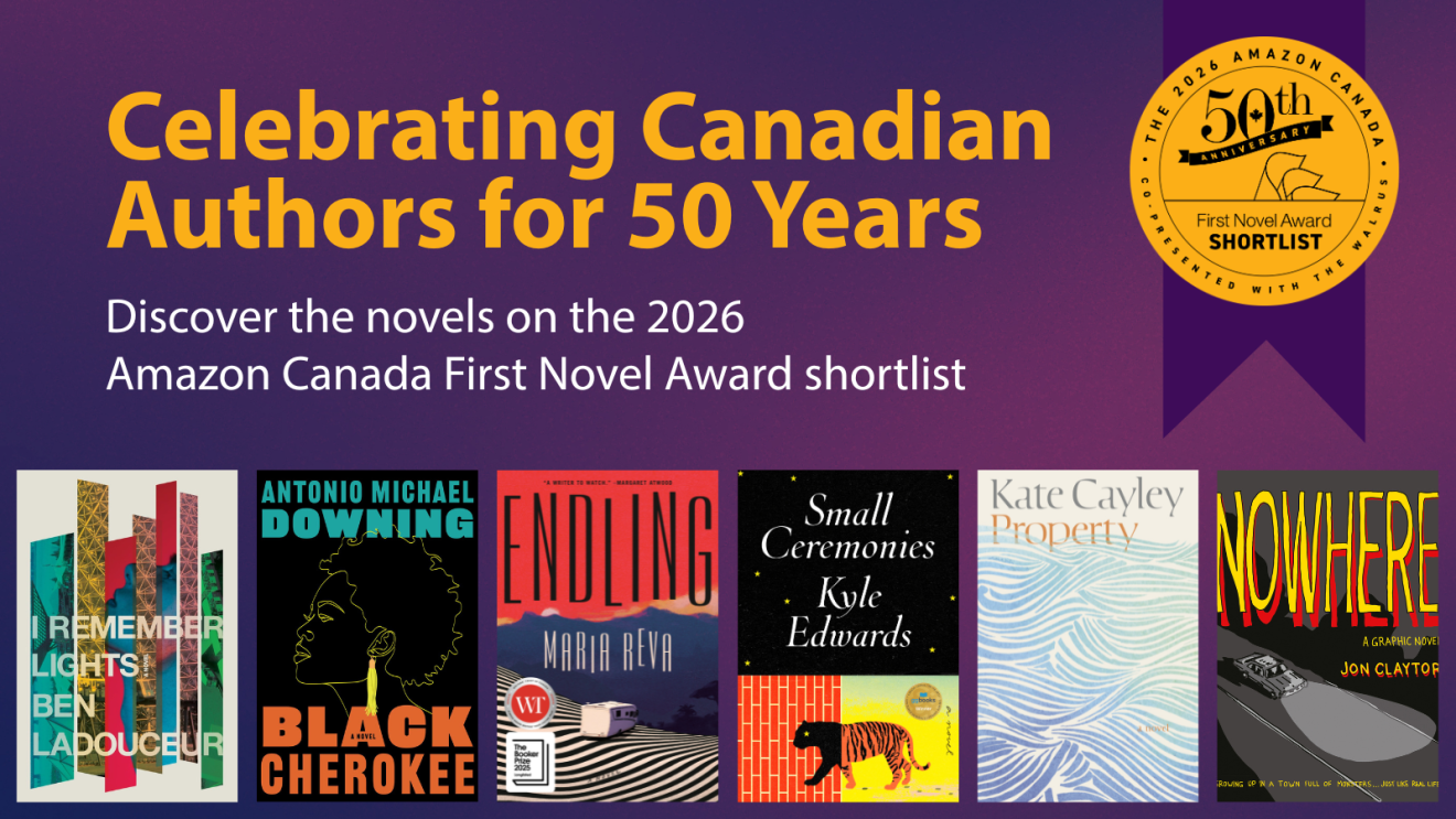 First Novel Awards text with books 