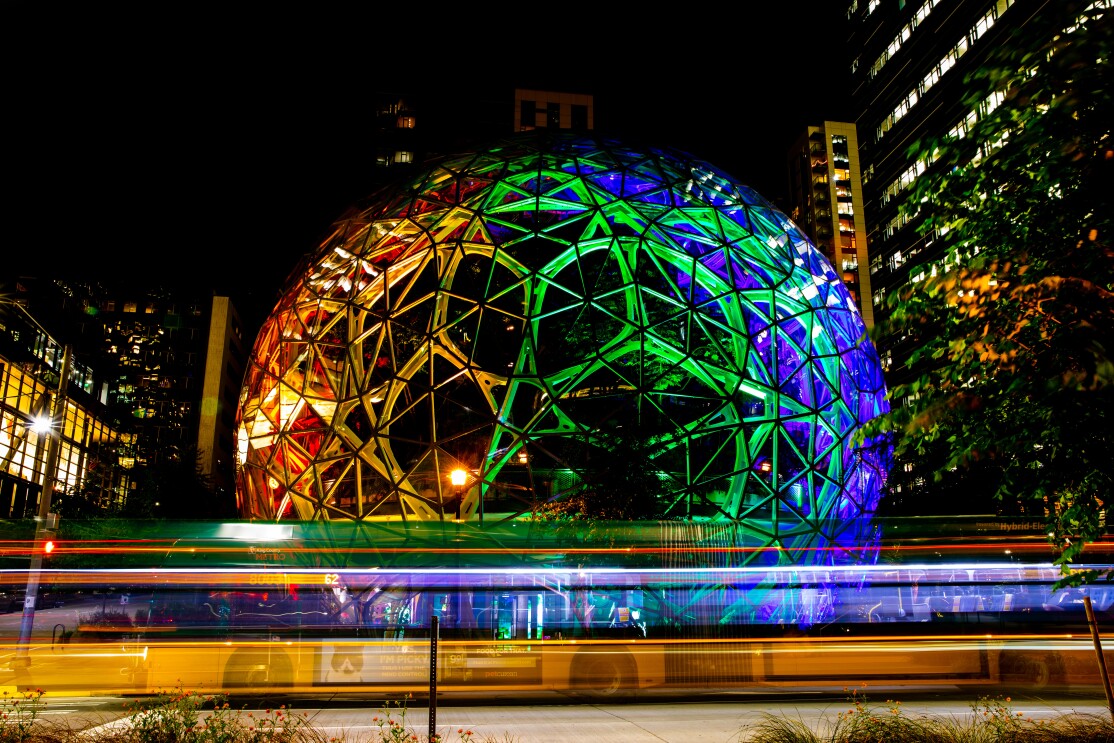 Amazon Spheres with rainbow colors to celebrate Pride