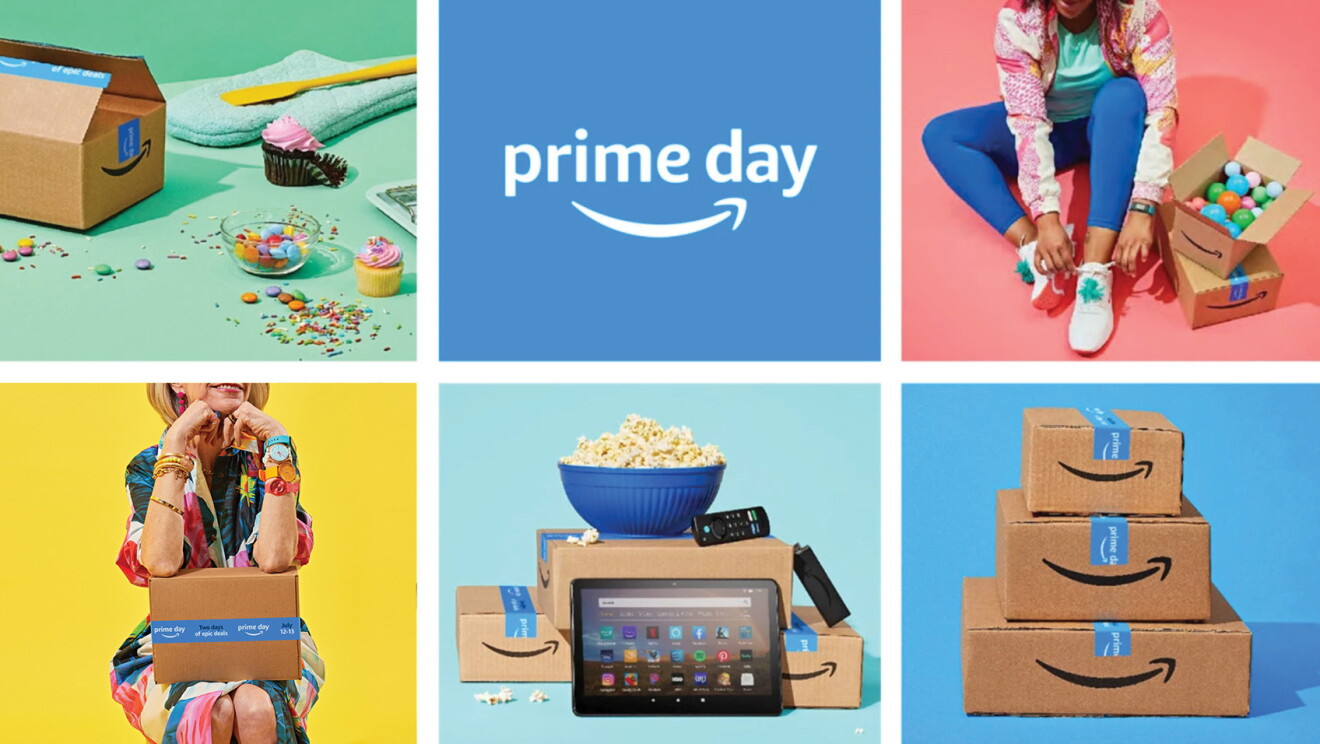 An image collage with multiple colorful images of Amazon boxes, a woman smiling while confetti surrounds her, a Fire TV device next to a bowl of popcorn, and a woman tying her shoes. The middle box says "Prime Day" with the Amazon smile logo.