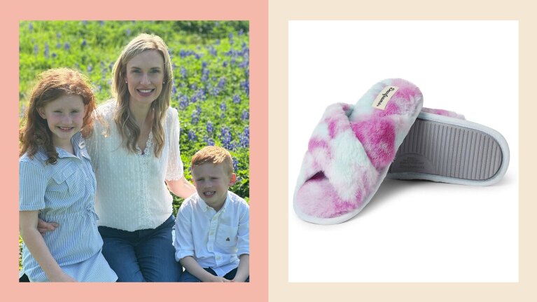 On the left Nicole Pampe sits outside with her two children. On the right is a product image of Dearfoams Cross Band Slide Slippers.