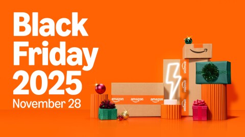 Amazon Black Friday 2025 promo with stacked packages and holiday decorations