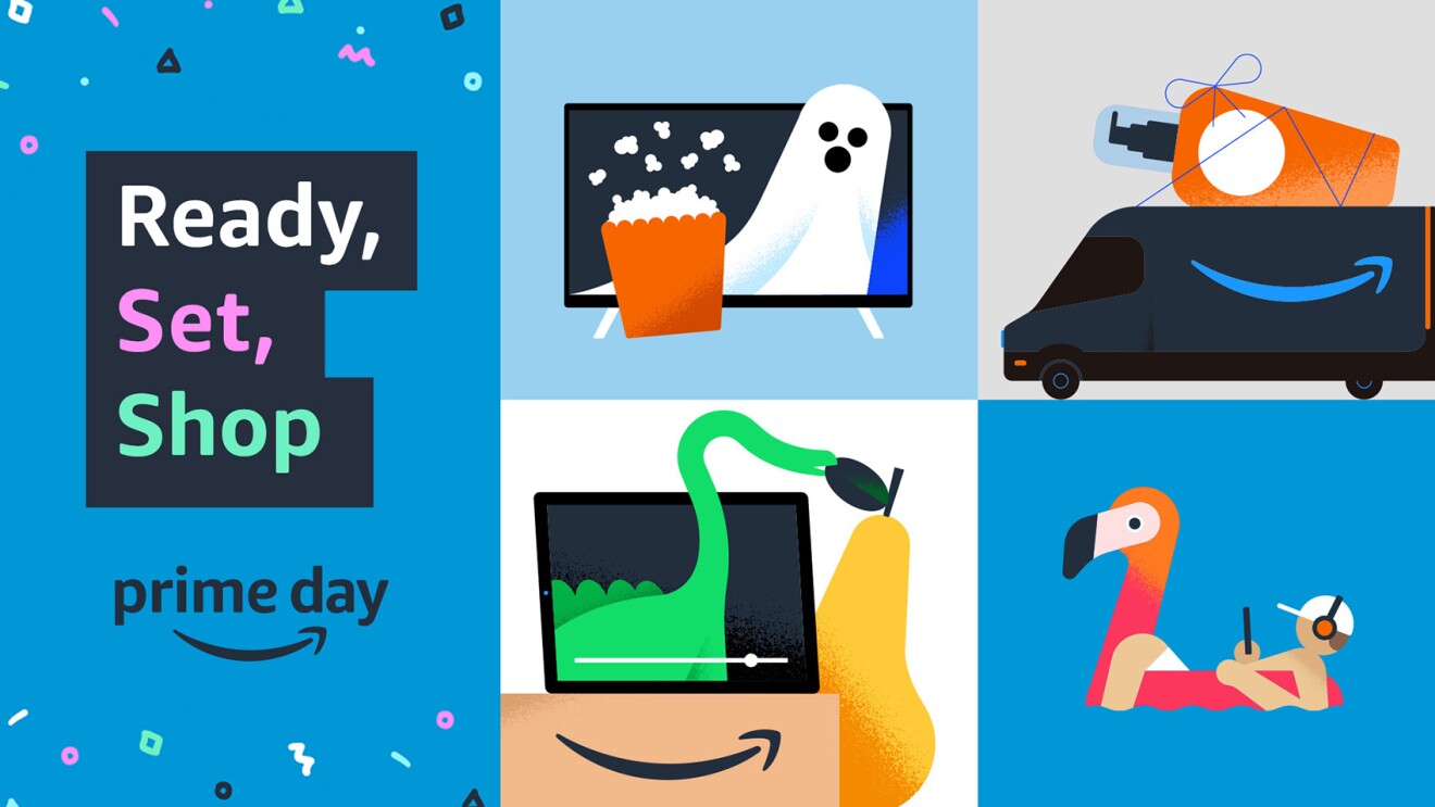 An illustrated image showing multiple products from Prime Day along with text that reads "Ready, Set, Shop" and the Prime Day logo