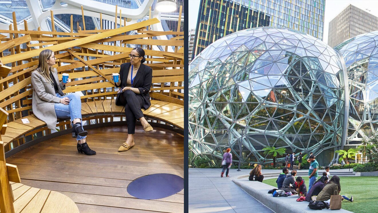 木材で組み立てられた巣のような形のコーナーで2人の女性の画像と大きなガラスでできた球状の建物の前の芝生でくつろぐ人たちの画像が含めている。