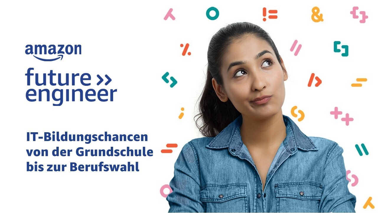 Eine Jugendliche steht vor einem bunten Hintergrund. Auf der Linken Seite steht geschrieben "Amazon - future engineer - IT-Bildungschancen von der Grundschule bis zur Berufswahl"