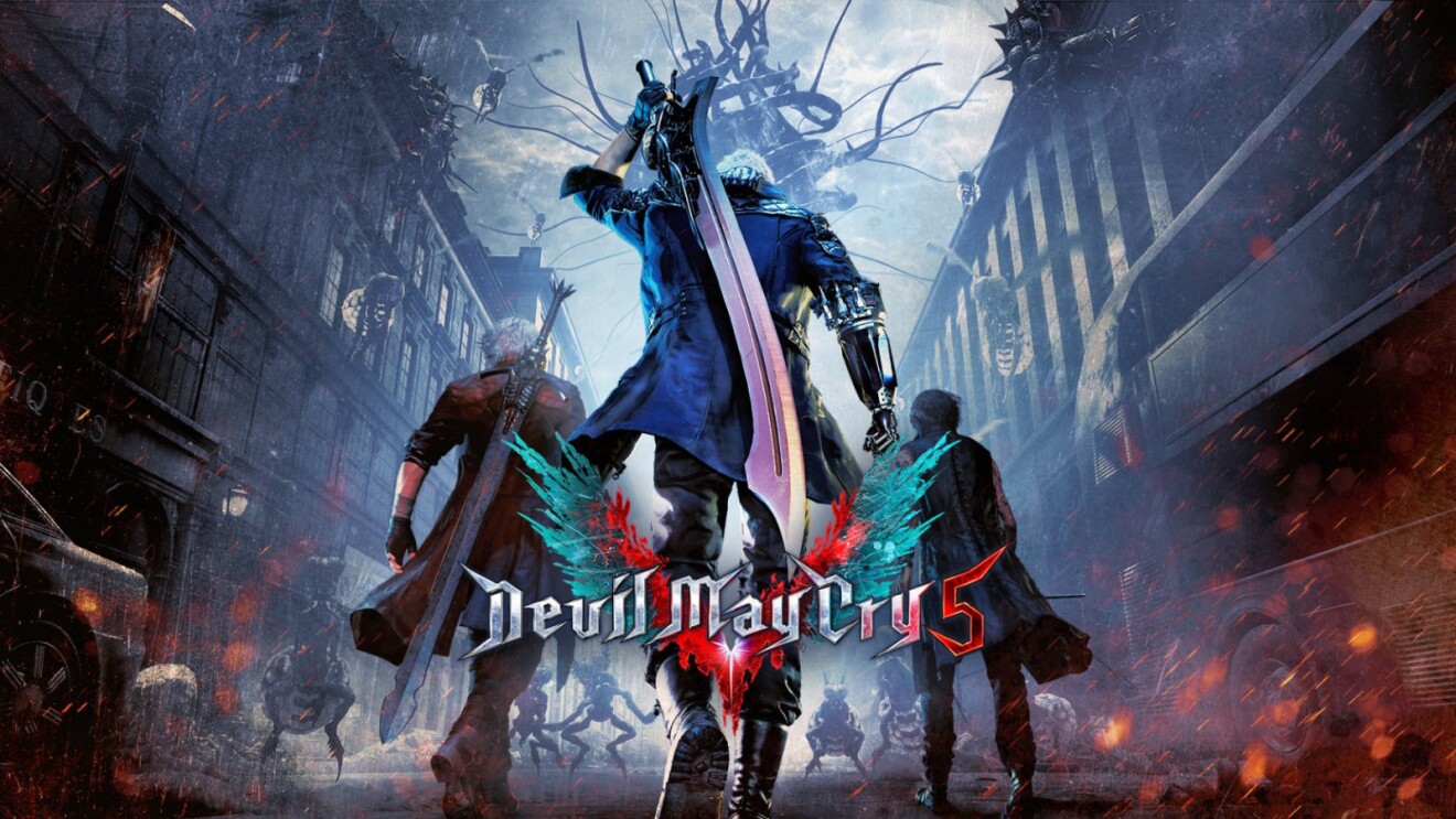 Devil May Cry 5 poster with title and characters heading into battle