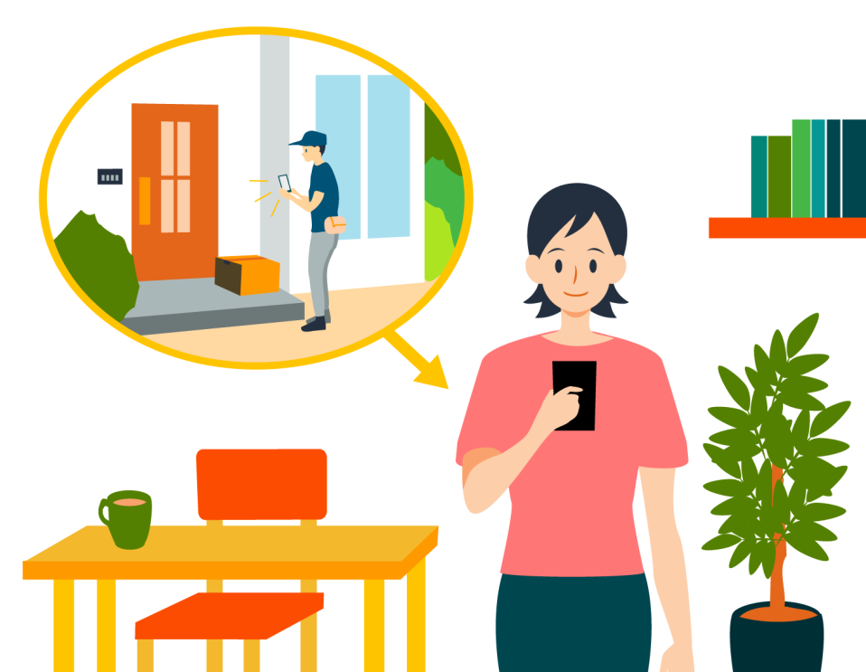 女性がスマホを見ている。その横の吹き出しの中に配達員が玄関先で荷物を置いた場所を撮影している様子