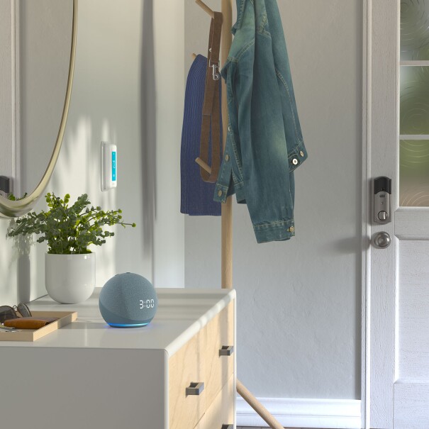 An image of an Alexa-enabled device sitting on a table in the entryway of a home.