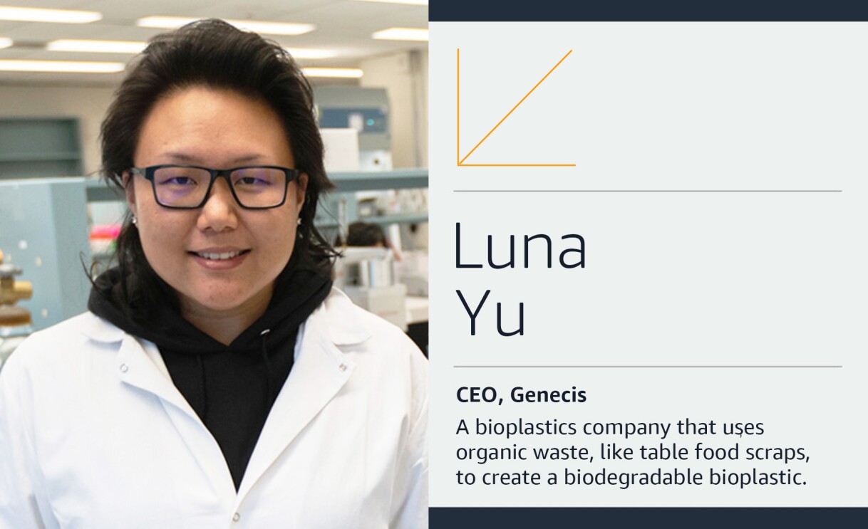 A bio card of Luna Yu that reads "Luna Yu, CEO, Genecis" and "A bioplastics company that uses organic waste, like table food scraps, to create a biodegradable bioplastic."