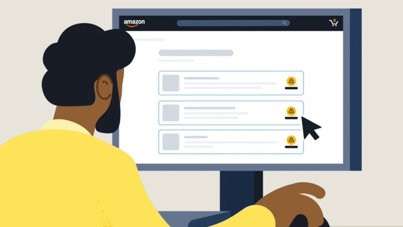 Illustration of a person viewing Amazon product listings with warning icons displayed on each item