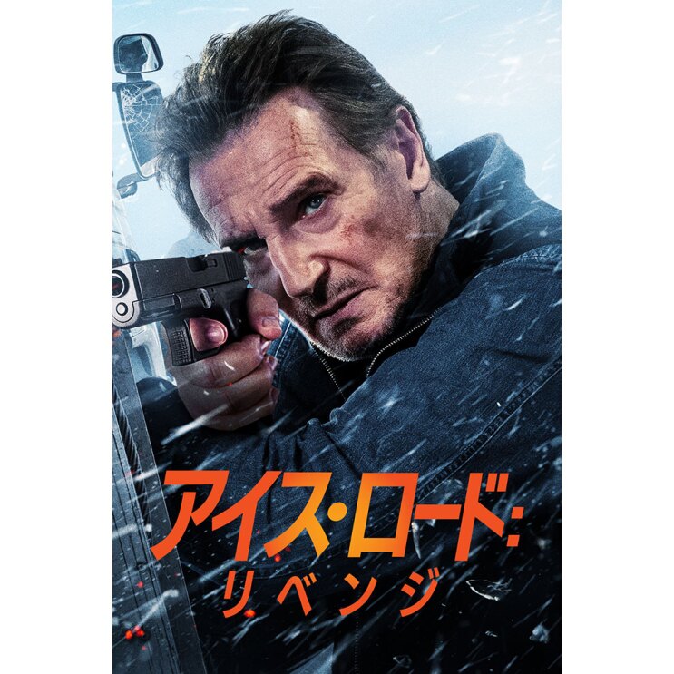 真っ白な吹雪の中、グレーのジャケット姿の人物が拳銃を構えている。下側にオレンジ色の文字で「アイス・ロード リベンジ」とある。人物の顔はやや汚れていて額に傷がある。
