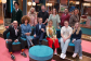 Lee Mack, Katherine Ryan, Harry Hill, Katherine Parkinson, Michelle de Swarte, Jon Richardson, Morgana Robinson, Josh Jones, Richard Ayoade, Mel Giedroyc, and Jimmy Carr sit on the Last one Laughing season 3 set. 