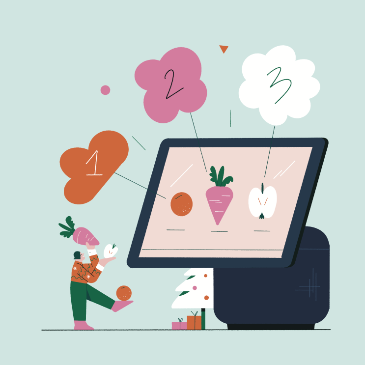 A colorful illustration of someone juggling fruit and vegetables while looking at a recipe on an Amazon device. 