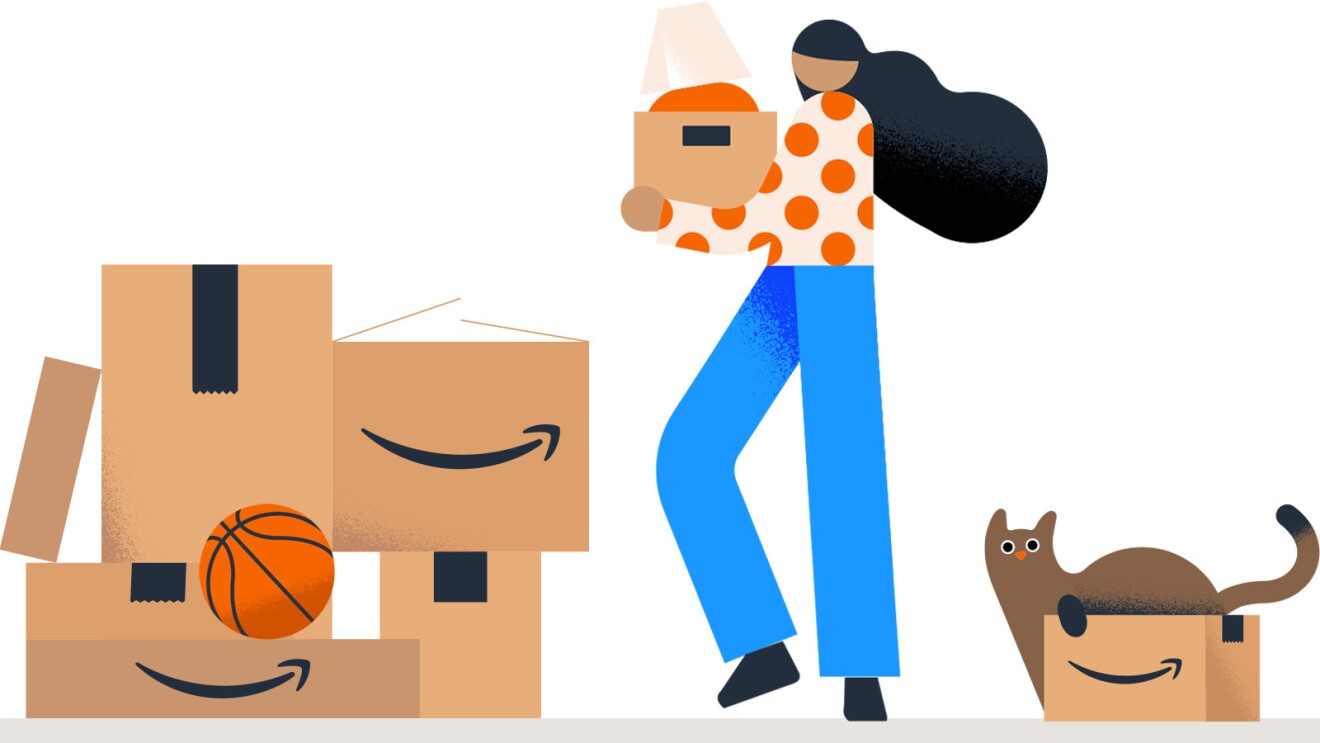 Ilustración de una persona con cajas de Amazon en casa. 