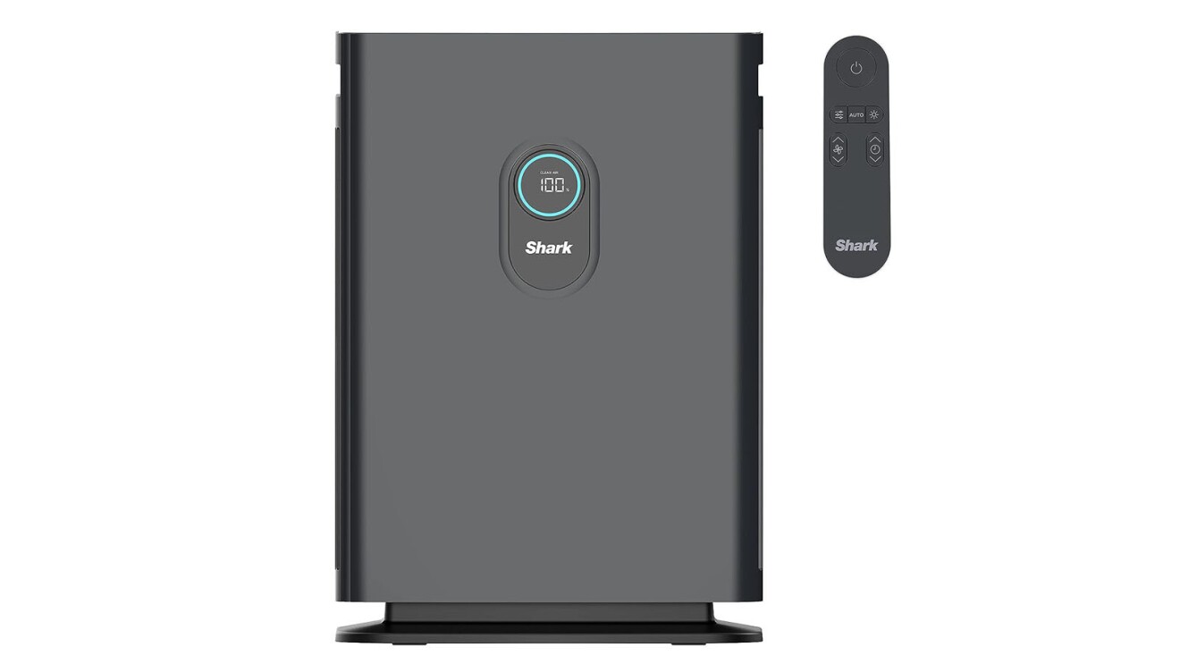 An image of a dark grey, rectangular air purifier with a small, matching remote next to it.