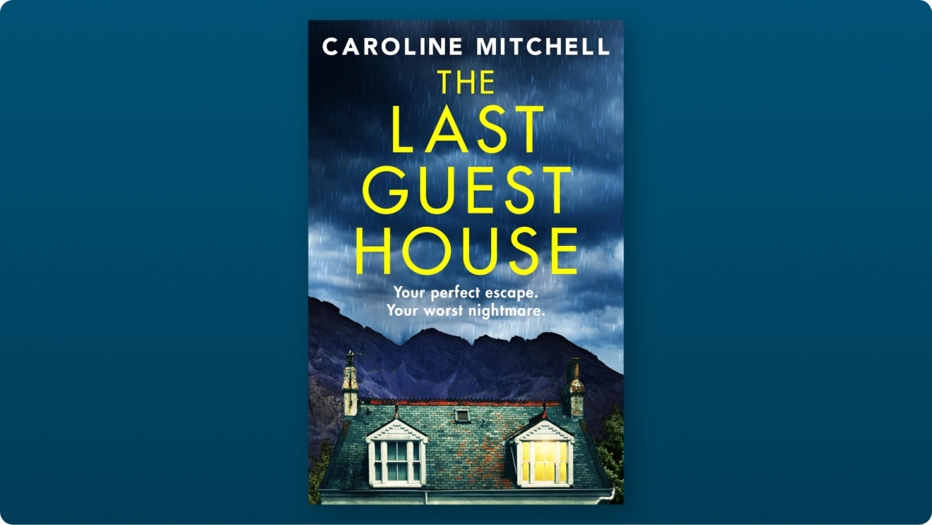 Book cover for 'The Last Guest House' showing stormy sky over mountain, house roof with lit window, ominous atmosphere