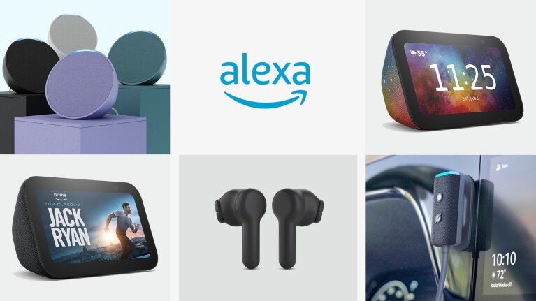 A collage of Amazon devices and the Alexa logo in the top center. 