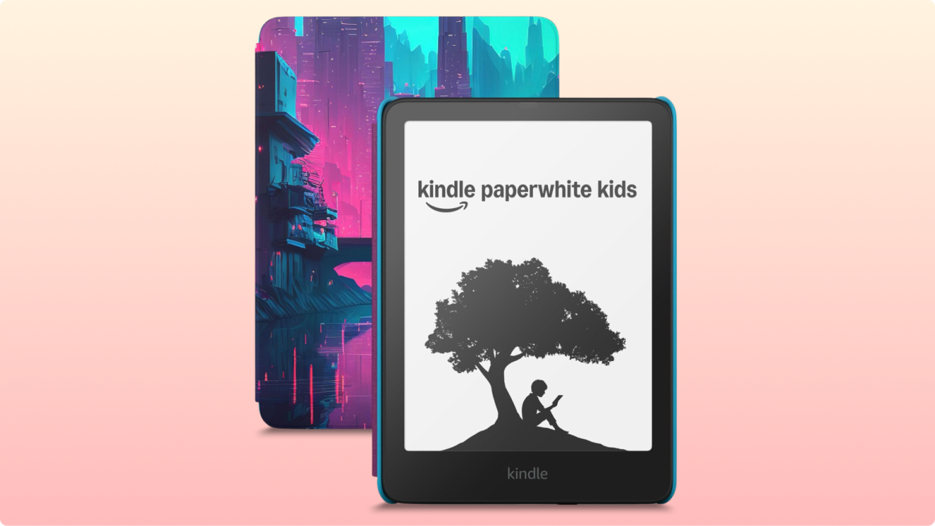 Kindle Paperwhite Kids e-reader with tree silhouette screen saver