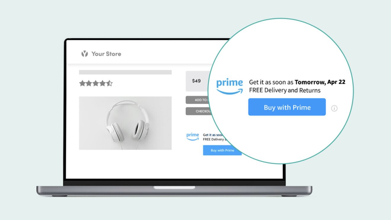 An image of a laptop showing a product with a "Buy with Prime" logo, and a circle zooming in on the purchasing option. 