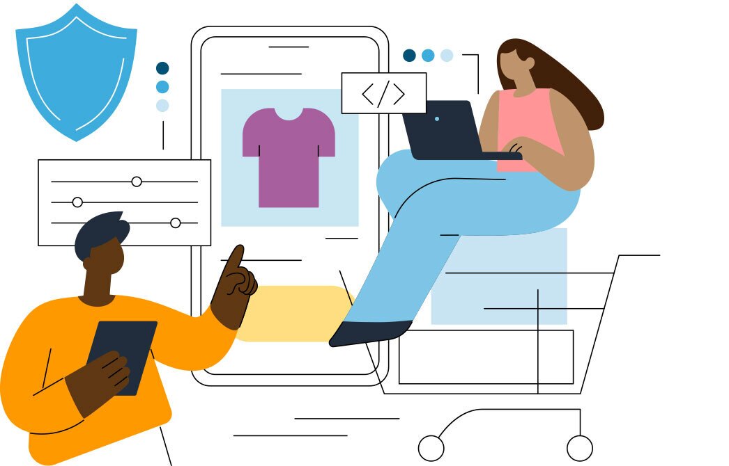A graphic of two people. One on a laptop and the other on a tablet. There is a pop out of an Amazon product page.