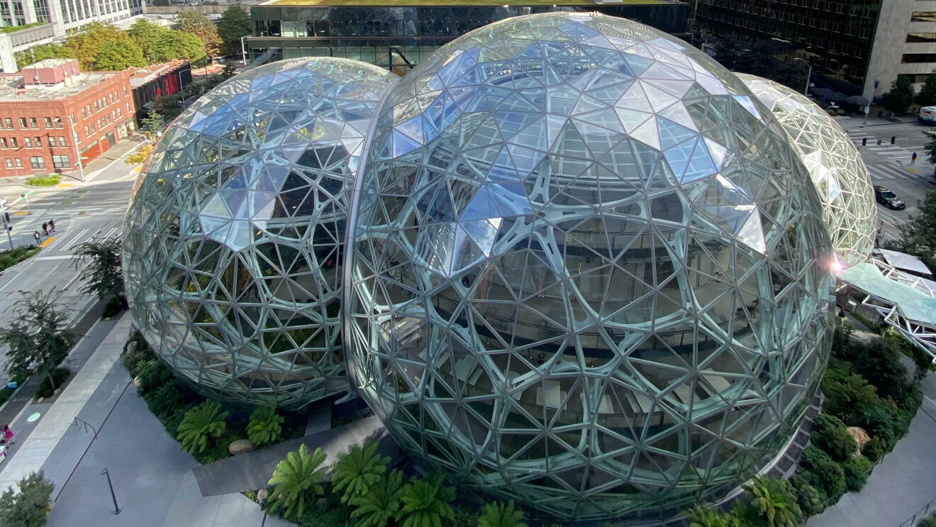 A view from Above of The Spheres on Amazon's Seattle campus in the Puget Sound