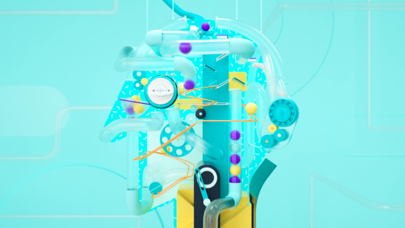 A generic graphic design of a machine in the shape of human head on a turquoise background font.  