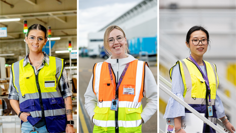 Three seperate photos showing smiling Amazon employees standing infront of and inside fulfilment centres