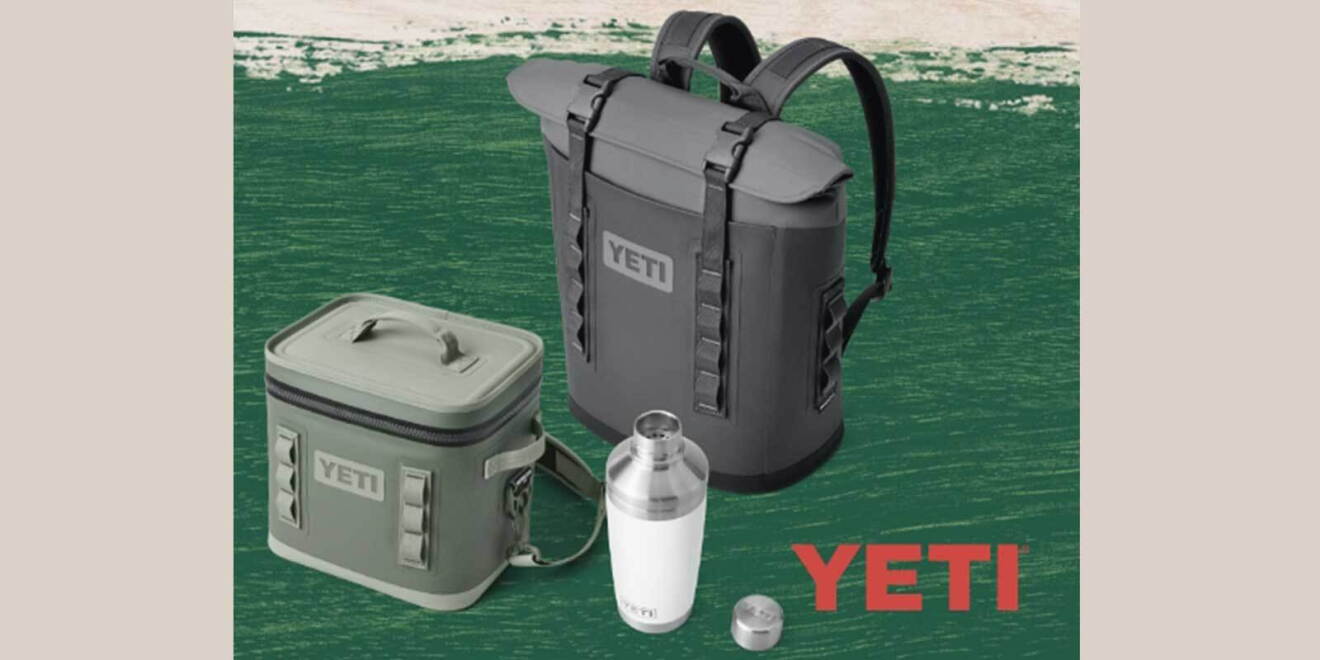 An image of three products from YETI, including a dark gray backpack, a small, light green cooler with a strap to carry it, and a portable, insulated martini mixer.