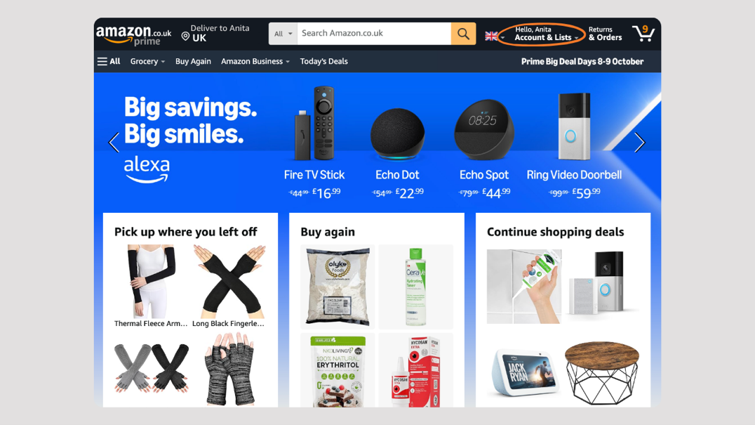 desktop screen showing accounts and lists on the amazon retail site
