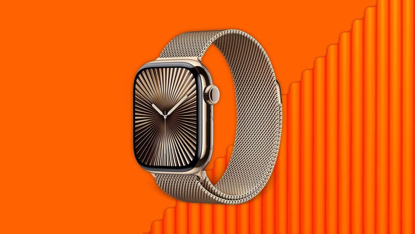 Gold Apple Watch with mesh band on vibrant orange background