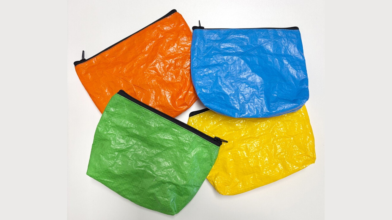 Image of four colourful purses created from upcycled Amazon delivery bags