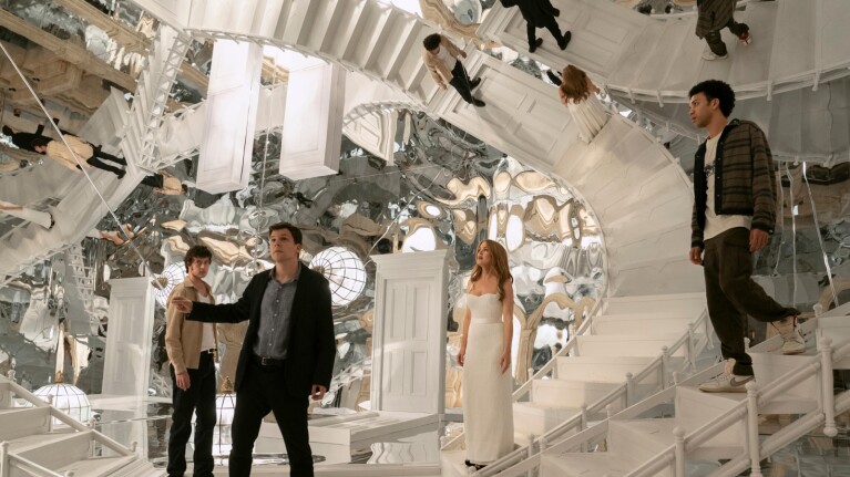 Futuristic white room with mirrored walls and staircases