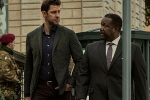 A still shot from Tom Clancy's Jack Ryan, showing two characters talking and walking.