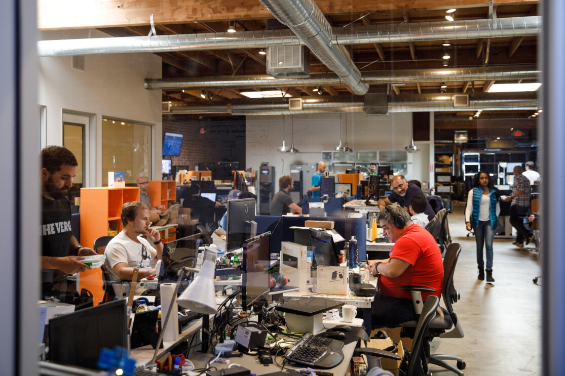 Long tables with Ring employees at Ring headquarters in Santa Monica, CA.