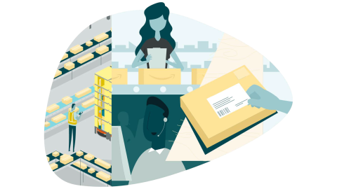 Brand Protection Reportの表紙イラスト 製品を作っている女性、商品を管理するAmazonのスタッフ
