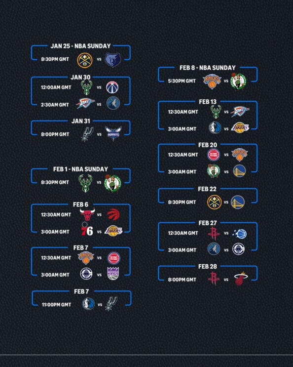 NBA game schedule from January 25 to February 28, showing team matchups and GMT times
