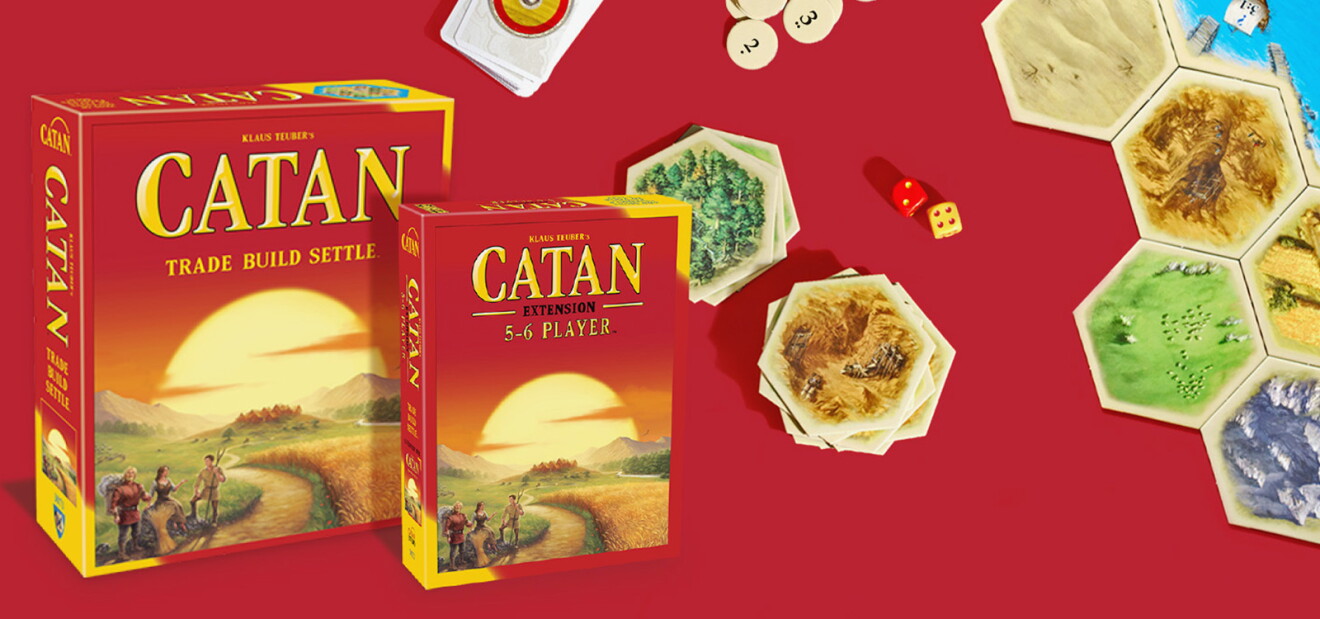 An image with a red background. In front of the background are two red boxes for the Catan board game. One is a smaller box that is the expansion pack. To the right of the boxes is several pieces of the game, include red and yellow die, hexagonal squares, circular pieces with numbers on them, and a stack of play cards.