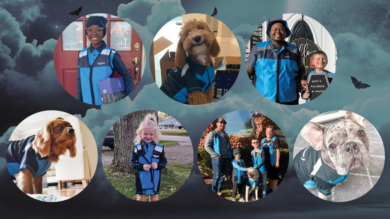 Seven circles with individual pictures of dogs and kids dressed up as Amazon delivery drivers.
