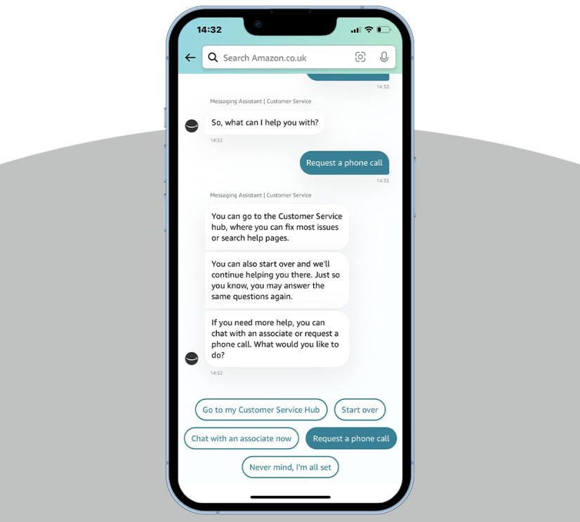 A mobile phone screen showing how to contact Amazon Customer Service