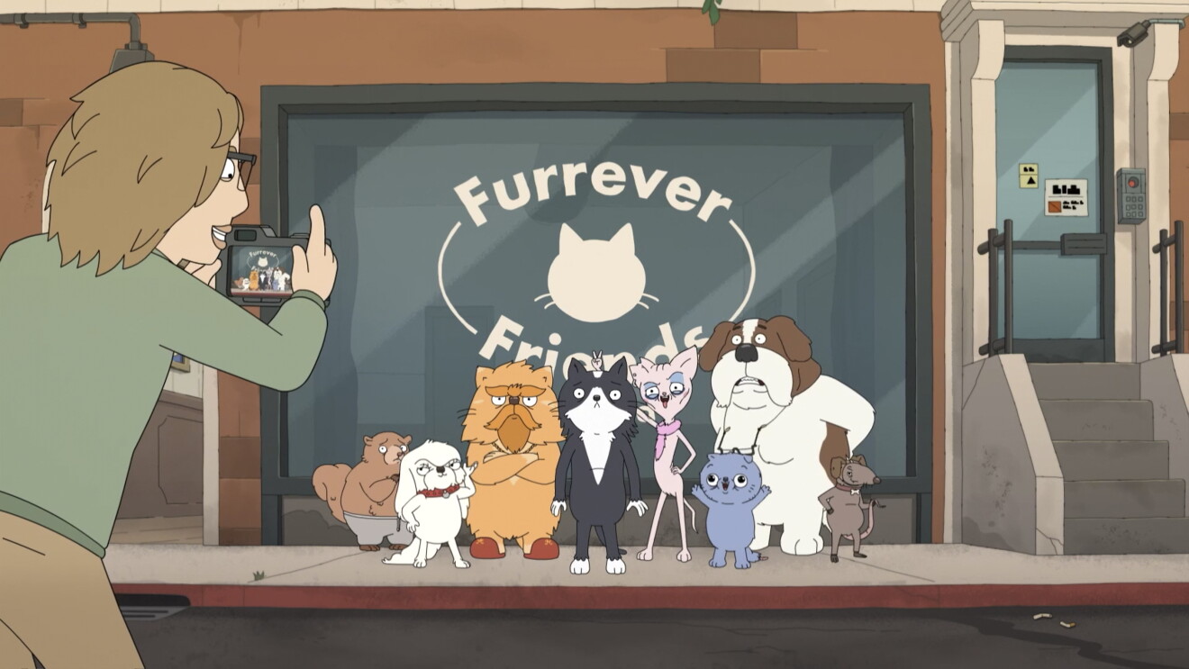 Animated animals posing in front of shop window
