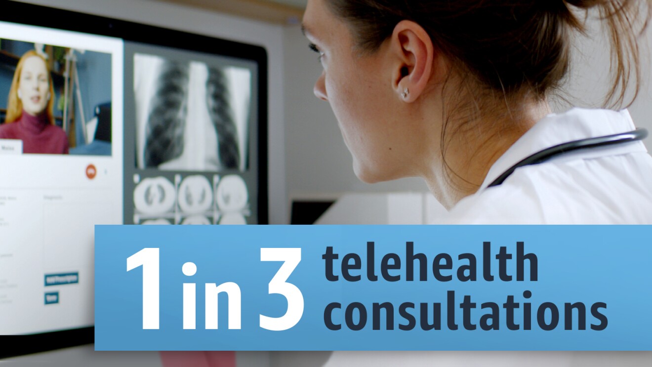 A photo of a doctor speaking with a patient via a video call. There is a statistic in the forefront that states, "1 in 3 telehealth consultants".