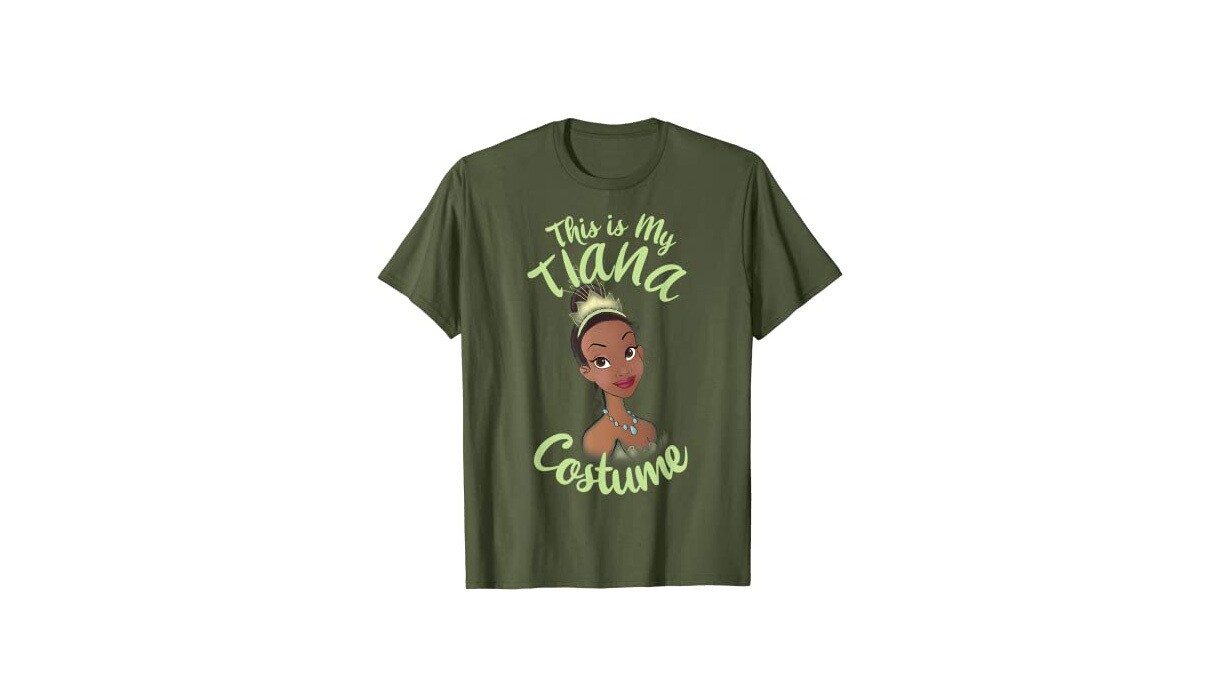 The product image for a t-shirt that says "this is my tiana costume" on Amazon