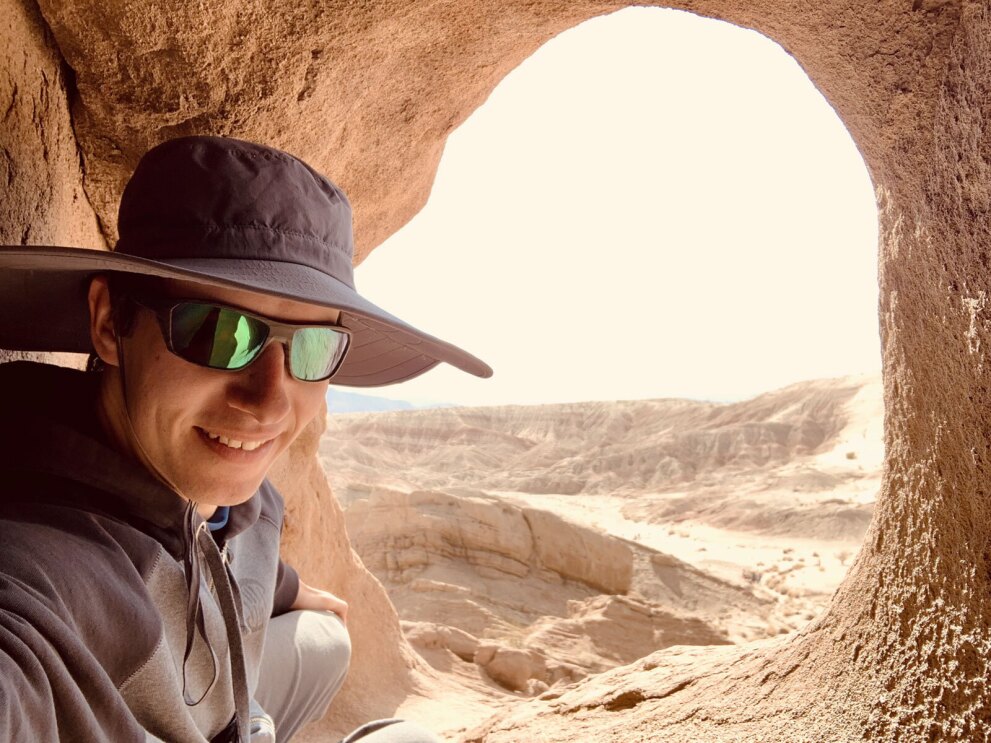 A selfie image of Jean-Edouard Miclot, audio director, on location at California’s Anza-Borrego Desert.